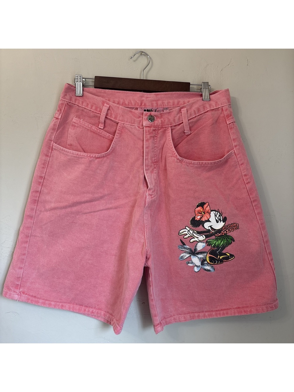 Vintage 90s Mickey by Jerry Leigh Pink Denim Shorts Minnie Mouse Hula Size 13/14